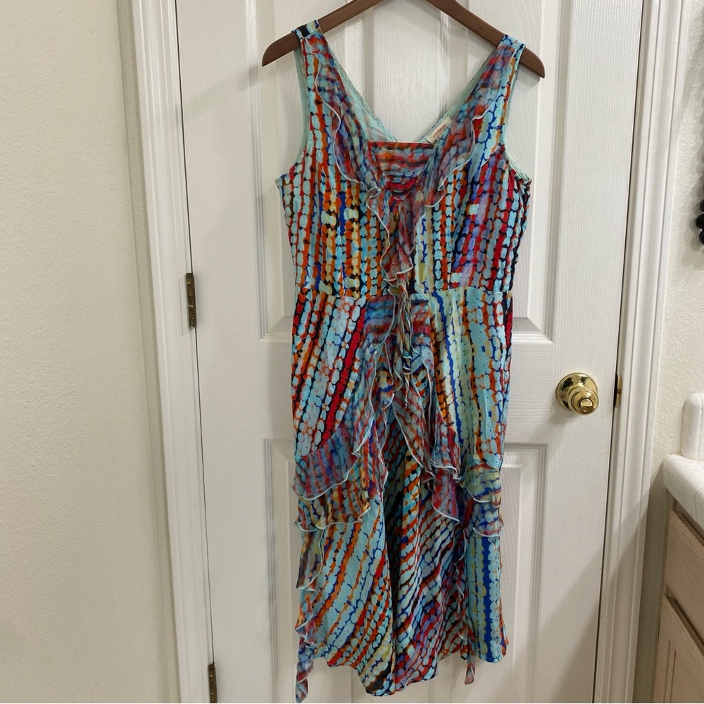 Sundance colorful silk dress abstract ruffled knee lenght boho whimsical size 4